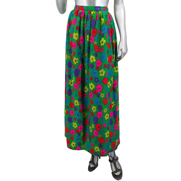 Vintage 1970's Neon Bright FLOWER POWER MAXI SKIRT Hawaiian Acrylic Crepe Fabric - Picture 3 of 8